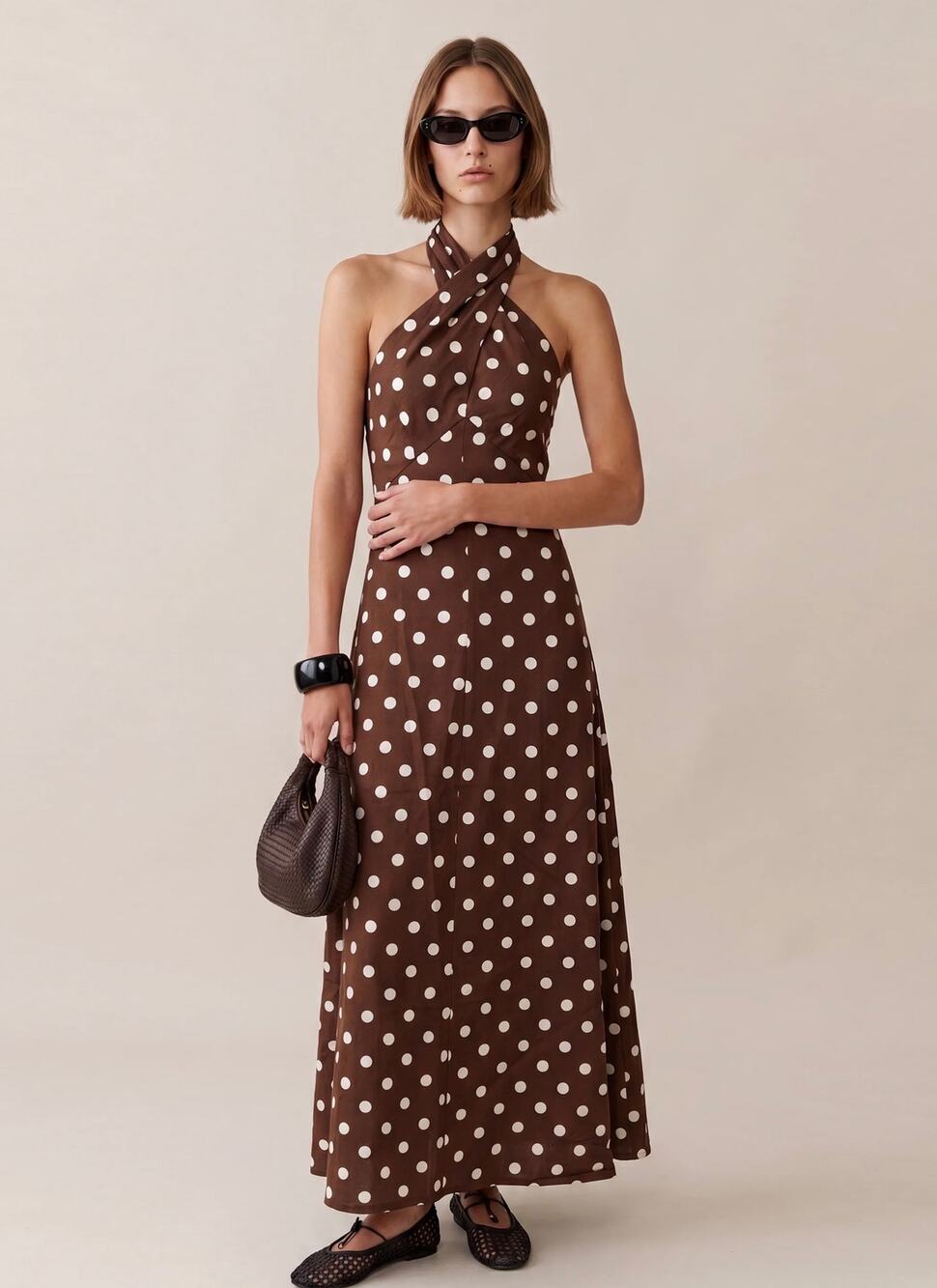 New O.P.T Noelle cotton brown polka dot maxi dress $197 sz S